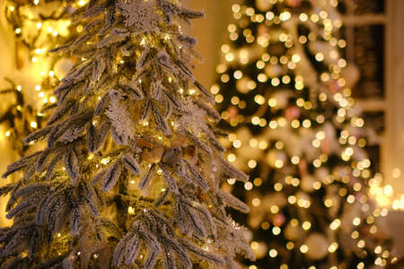 Beautiful Christmas lights on blurry fir tree. Golden Christmas garland, unfocused shot with bokehの写真素材
