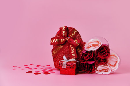 Valentines day wide greeting card with rose flowers and big and small gift boxes, in front of pink background with hearts and space for your greetingsの写真素材