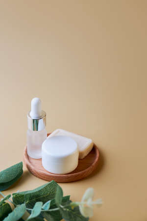 SPA composition. Set of copyspace cosmetic bottles and tubes. Face and body care concept, bottles of creams, lotions, serums with green leaves. Selective focus, allow DOF, close up.の写真素材