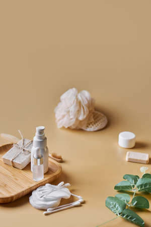 Skin and body care products. Face wash, hand made oatmeal soap, soda, cotton pads, brush, bamboo toothbrush. Eco friendly stuff concept. copyspace.の写真素材