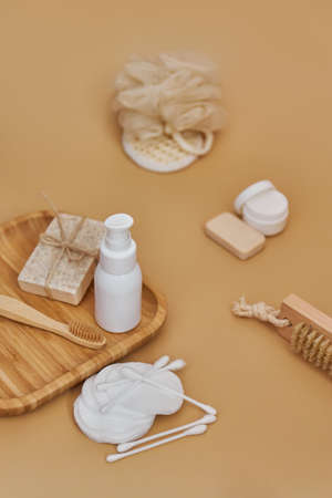Skin and body care products. Face wash, hand made oatmeal soap, soda, cotton pads, brush, bamboo toothbrush. Eco friendly stuff concept. copyspace.の写真素材