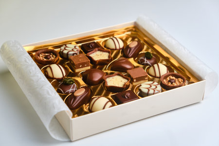 A set of assorted chocolates in a paper box on a bright background for Valentine's Day, mother's...