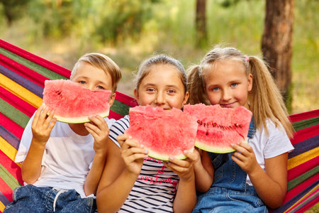 three cheerful children eat watermelon and joke, outdoor, sitting on a colorful hammock. Summer fun and leisureの写真素材