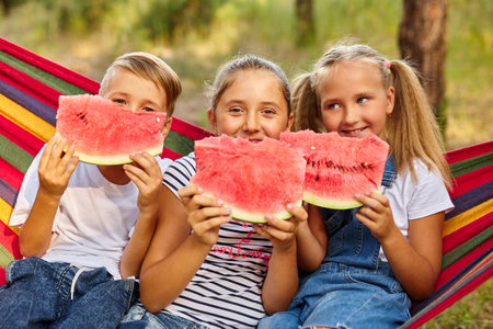three cheerful children eat watermelon and joke, outdoor, sitting on a colorful hammock. Summer fun and leisureの写真素材