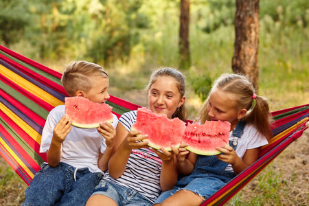 three cheerful children eat watermelon and joke, outdoor, sitting on a colorful hammock. Summer fun and leisureの写真素材