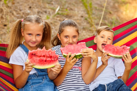 three cheerful children eat watermelon and joke, outdoor, sitting on a colorful hammock. Summer fun and leisureの写真素材