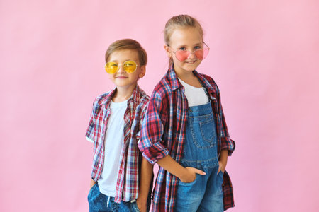 Cute stylish kids in color sunglasses looking at camera aの写真素材