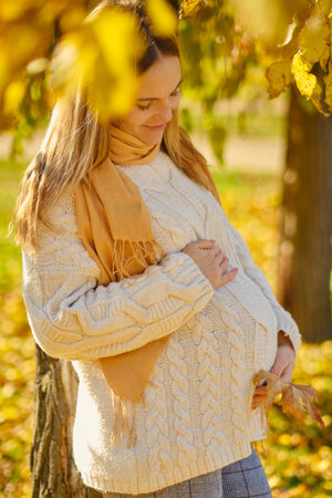 Attractive young pregnant woman with leaf holding her tummy in autumn park.の写真素材