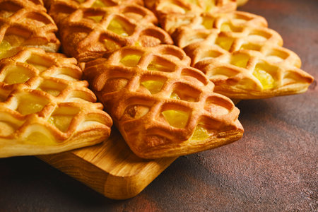 fresh crispy puff pastry mini pies with pear and lime jamの写真素材