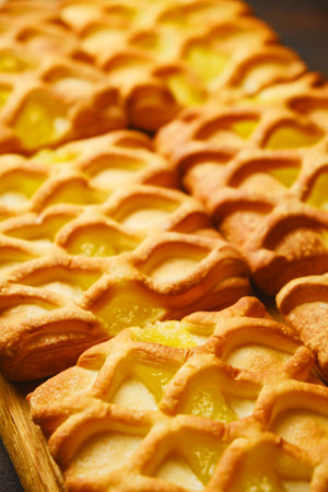 fresh crispy puff pastry mini pies with pear and lime jamの写真素材