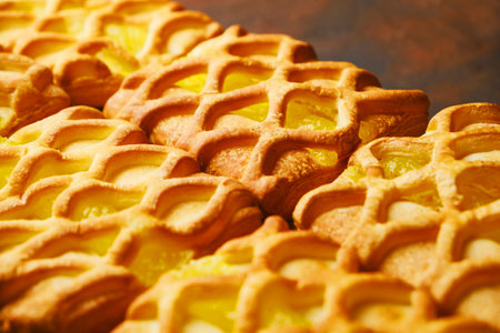 fresh crispy puff pastry mini pies with pear and lime jamの写真素材