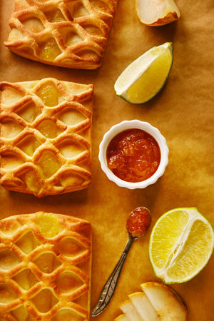 Freshly baked puff pastry mini pies with pear and lime jamの写真素材