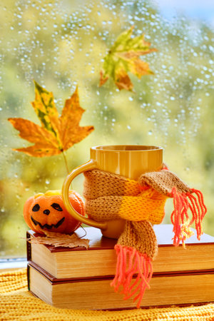 Background with books, cup of tea, pumpkinの写真素材