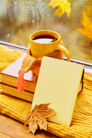 Cup of tea, autumn leaves, books, notebook and red knitted plaid on wooden table.の写真素材