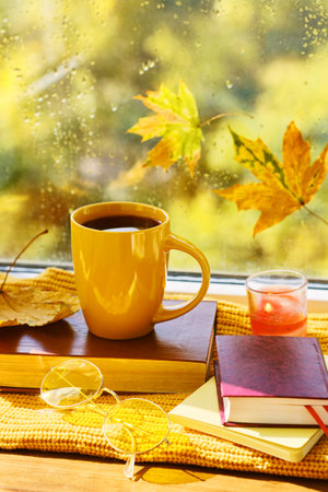 cup of tea, books, autumn leaves and candle on window sill at homeの写真素材