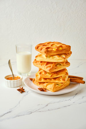 Tasty breakfast with stack of puff pastry mini pies with pear and lime jamの写真素材