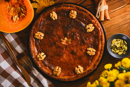 Traditional Pumpkin pie Gluten-free with walnutsの写真素材