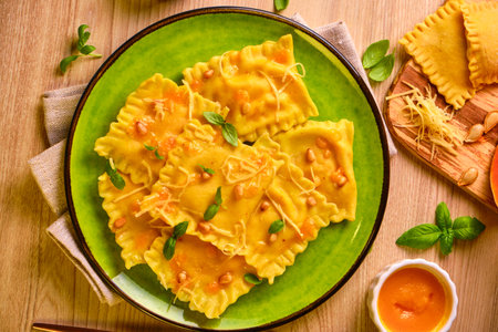 Homemade Pumpkin Ravioli with ricotta cheese served basilの写真素材