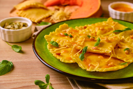 Homemade Pumpkin Ravioli with ricotta cheese served basilの写真素材