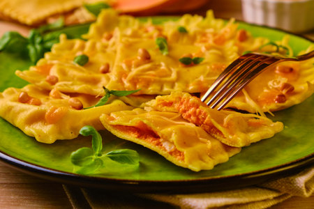 Homemade Pumpkin Ravioli with ricotta cheese served basilの写真素材