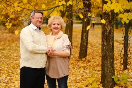 Active seniors on a walk in forestの写真素材