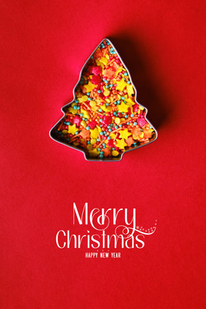 Christmas girt card. Christmas tree shape gingerbread cookie cutterの写真素材