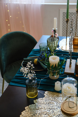 The luxury served table indoors in green colorsの写真素材