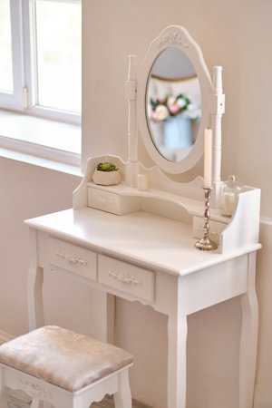 White boudoir table close up and copy space.の写真素材