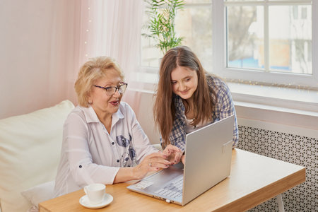 Adult granddaughter teaching her elderly grandmother to use laptopの写真素材