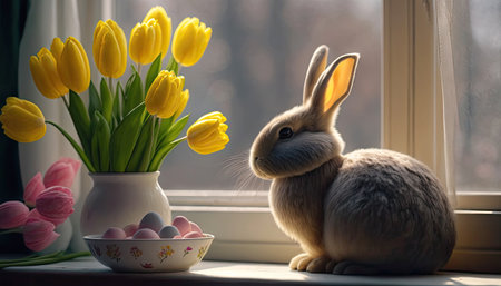 Cute funny bunny rabbit sitting on windowsill indoorsの写真素材