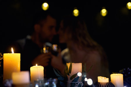 Romantic Night Date in Restaurant. Romantic backgroundの写真素材