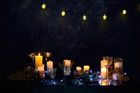 Romantic Night in a Dark Restaurant, Bavkgroundの写真素材