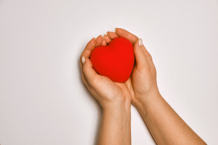 hands holding red heart, health care, love, organ donation, praying conceptの写真素材