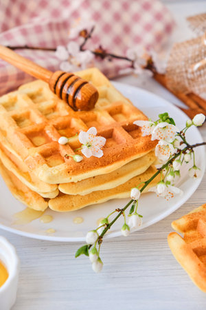 Honey pouring on a fresh Belgian waffles.の写真素材