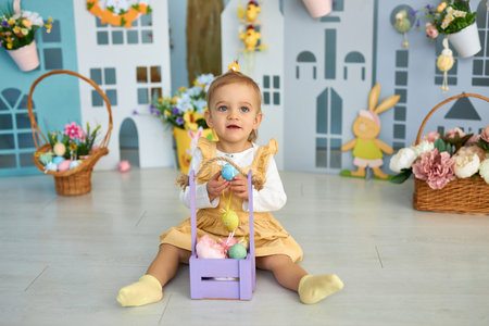 Funny cute girl in bunny ears celebrating Easterの写真素材