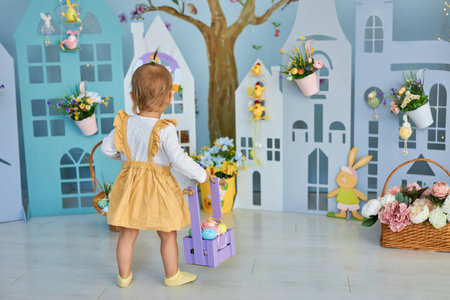 Funny cute girl in bunny ears celebrating Easterの写真素材