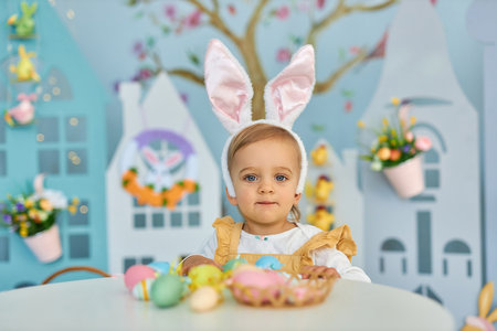 Funny cute girl in bunny ears celebrating Easterの写真素材