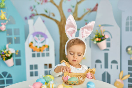 Funny cute girl in bunny ears celebrating Easterの写真素材