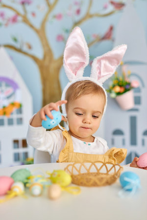 Funny cute girl in bunny ears celebrating Easterの写真素材