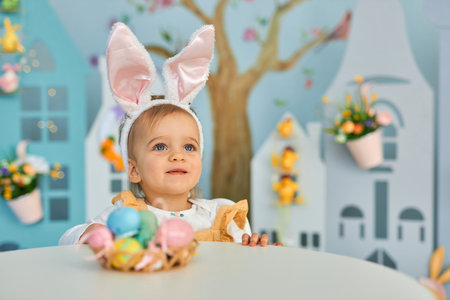 Funny cute girl in bunny ears celebrating Easterの写真素材