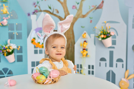 Funny cute girl in bunny ears celebrating Easterの写真素材