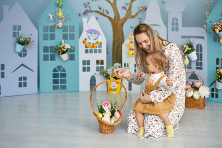 Mother and her daughter with painting eggs..の写真素材
