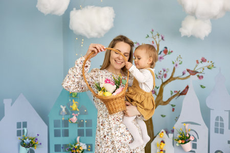 Mother and her daughter with painting eggs..の写真素材