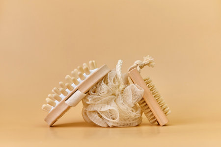 Bathroom accessories on beige background. Beauty and wellness conceptの写真素材