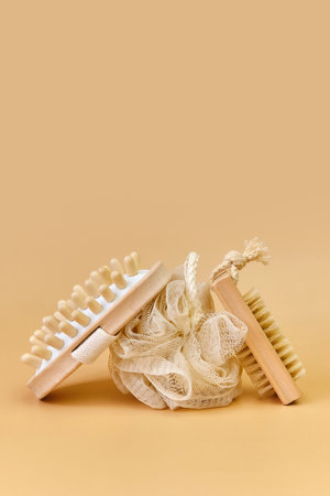 Bathroom accessories on beige background. Beauty and wellness conceptの写真素材