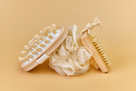 Bathroom accessories on beige background. Beauty and wellness conceptの写真素材