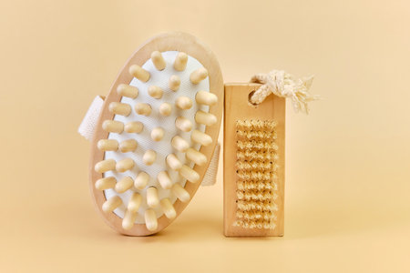 Bathroom accessories on beige background. Beauty and wellness conceptの写真素材