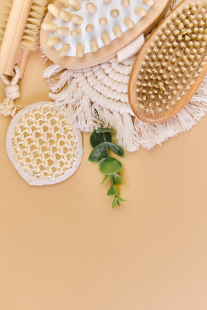 Natural wooden brushes for dry and anti-cellulite massage.の写真素材