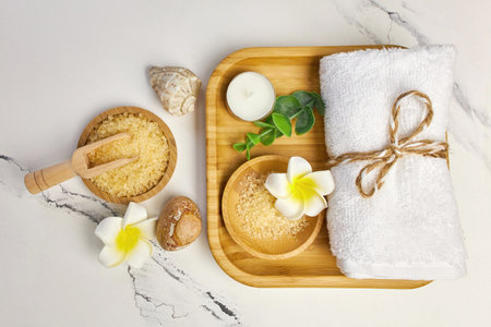 Spa and bathroom accessories on wooden tray, bath sea saltの写真素材