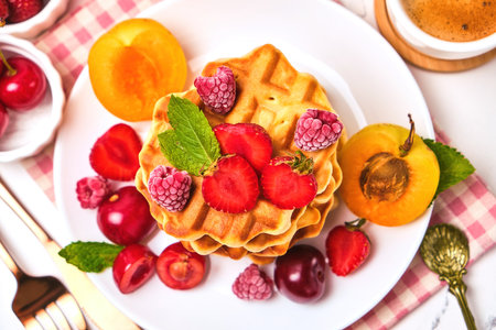 Belgian waffles with strawberries, apricots, cherries, juiceの写真素材